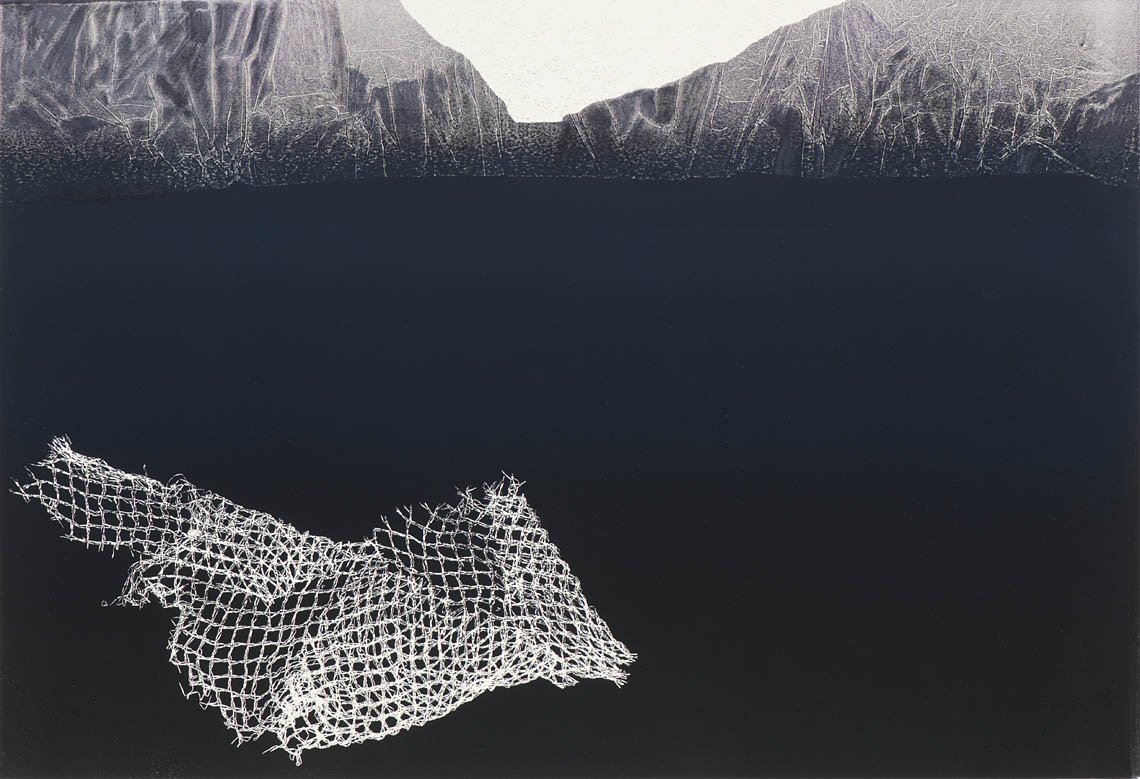 Empty Net – Monochrome monoprint, Overfishing Series, Jane Harding
