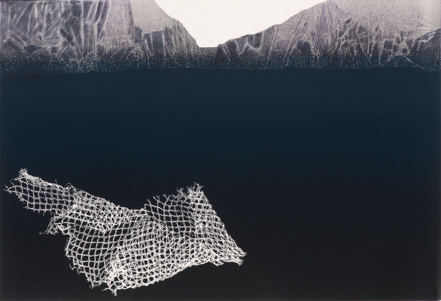 Empty Net – Monochrome monoprint, Overfishing Series, Jane Harding